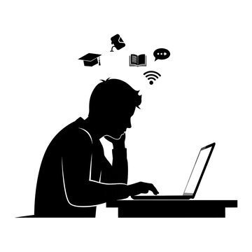 Online Learning Student with Laptop Black Vector Silhouette