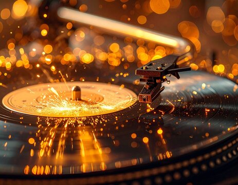 Vinyl Record Player Sparking with Energy Evoking Music and Passion Intense Bright Light Effect.