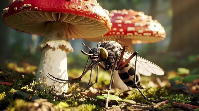 Detailed macro shot of a fly resting on moss and vibrant red-capped mushrooms in a dark enchanted forest setting evoking a sense of mystery and natural wonder