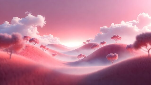 Soft pink rolling hills with pink trees and misty valleys. Minimalist fantasy landscape for wellness and spa. Bright sun glowing through a hazy pink sky with fluffy clouds