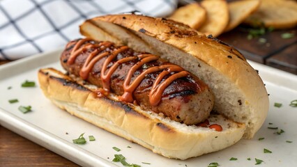 Grilled sausage in a bun with sauce on a white plate, close up