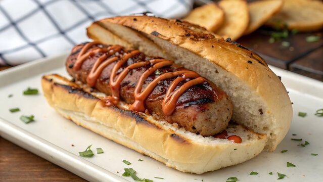 Grilled sausage in a bun with sauce on a white plate, close up
