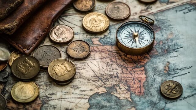 Vintage coins and compass on antique map representing exploration