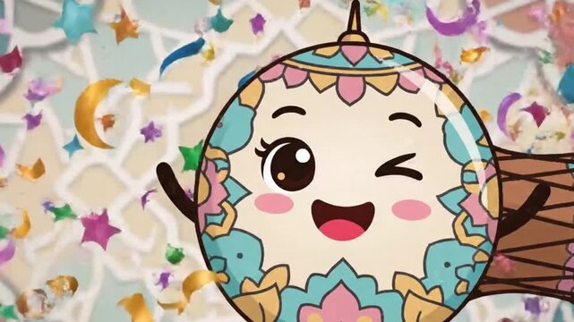 Bedug Ceria Confetti_Cute Ramadan bedug character with big happy eyes, colorful confetti floating, pastel Islamic patterns, soft shadow lighting, clean modern cartoon illustration,