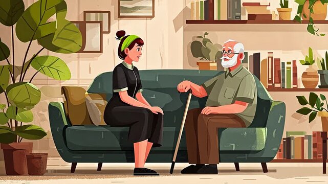 Caregiver assisting elderly man on couch