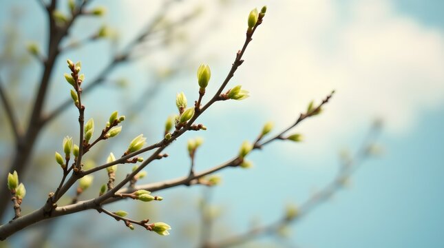 Fresh Green Spring Leaves Growing on Tree Branch in Sunlight
