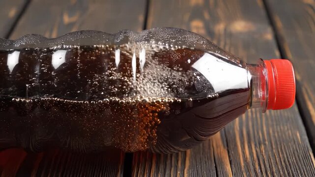 A bottle filled with dark cola lies on a wooden surface, showcasing bubbles rising in the carbonated drink. The cola drink has a red cap and the bottle is snug against the textured wood.
