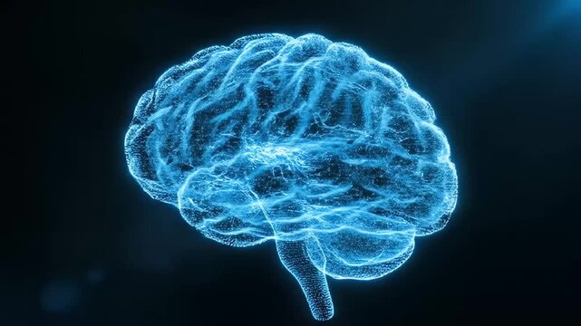 Glowing blue brain illustration on dark background from a front viewpoint showing neural connections and activity