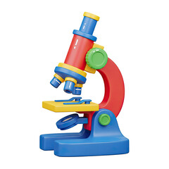 A vibrantly colored toy microscope with red, blue, yellow, and green accents, isolated on a transparent background. Ideal for educational and playful scientific themes.