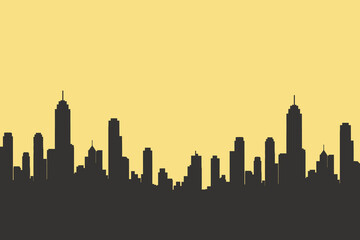 Obraz premium Modern City Skyline Silhouette Vector Illustration with Various Buildings Against a Yellow Sky, Representing an Urban Landscape