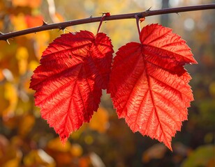 Close-up of two vibrant red leaves on a thorny stem, illuminated by sunlight against a blurred autumn background