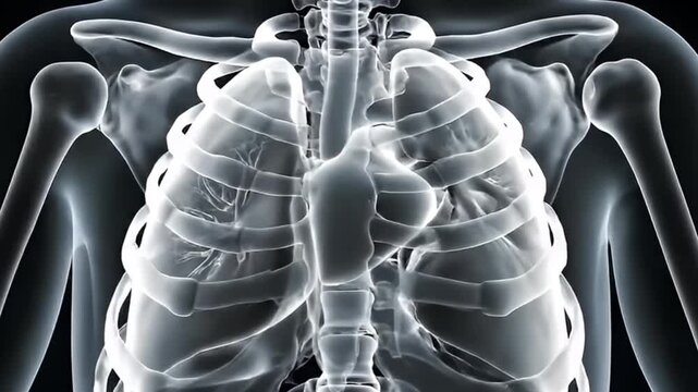 X-ray view of human torso showing skeletal system with ribcage and arm bones