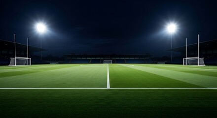 Fototapeta premium A welllit soccer field at night with green grass and white lines under bright stadium lights