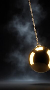Golden Pendulum Wrecking Ball Swinging in Dramatic Smoke Filled Studio Lighting Symbolizing Momentum and Force