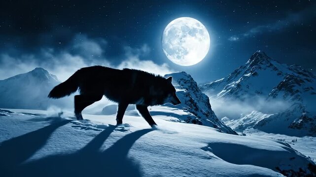 A black wolf walks through the snow under a bright moon. The mountainous landscape surrounds the wolf, highlighting the beauty of the night scene.