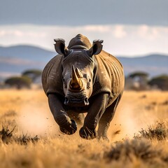 Fototapeta premium Charging rhino, front view, dust cloud, grassy plain, hills, hazy sky