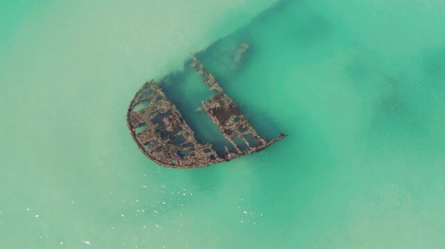 Shipwreck aerial. Aerial view of the Brazilian beach of Acores with the shipwreck. Island of Santa Catarina near the city of Florianopolis.