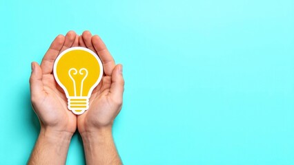 Hands holding yellow light bulb icon on blue background,creative idea inspiration concept for innovation thinking,energy saving solution and startup vision symbol