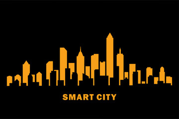 Obraz premium Smart City skyline silhouette in orange on a black background. Urban technology, innovation, and futuristic development concept.
