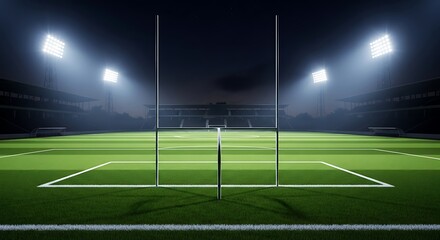 Fototapeta premium Rugby stadium at night with green field and goalposts under bright lights