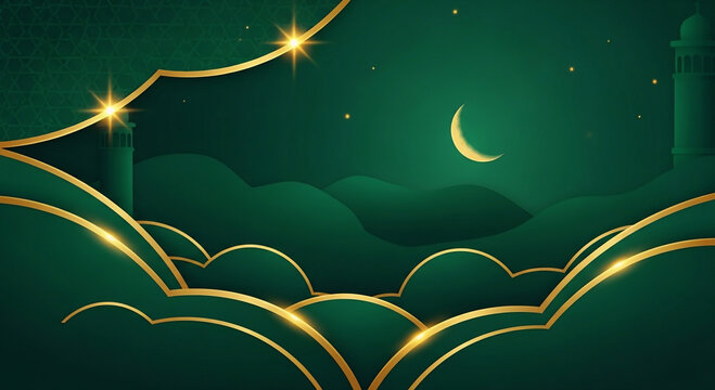 Beautiful Islamic Ramadan background with crescent moon and mosque silhouettes, glowing stars and golden borders against a dark green sky