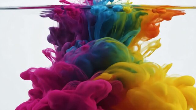 Vibrant rainbow colors of ink dissolving and swirling in clear water creating abstract cloud shapes and patterns in slow motion.