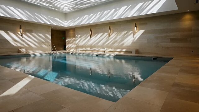 Indoor swimming pool with skylight and reflected sunlight