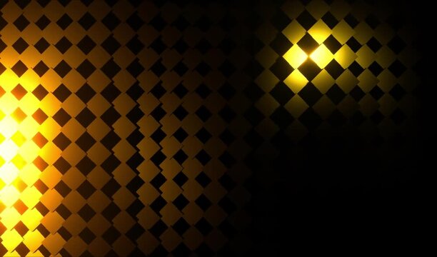 Abstract animation of glowing golden squares shifting in a diagonal grid pattern on a black background, high-tech digital motion background.