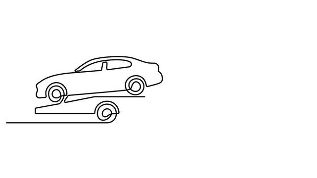 Professional towing service with a modern flatbed truck transporting a disabled car video. Continuous one line drawing modern flatbed truck video. 4K animation video