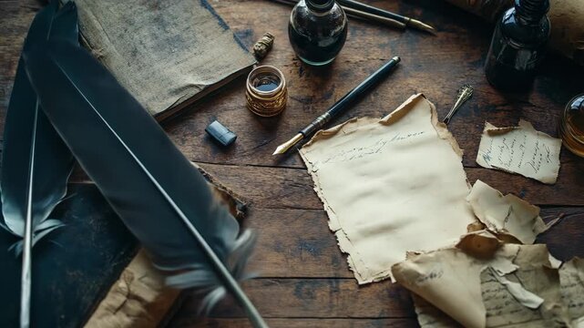 Vintage desk with papers and writing tools overhead view