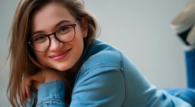 Young Woman With Glasses Lying on Floor Indoors, Smiling and Looking at Camera