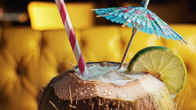 Coconut drink with straw and umbrella on yellow sofa.