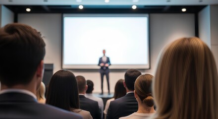 Fototapeta premium Audience Attending Business Seminar with Speaker on Stage
