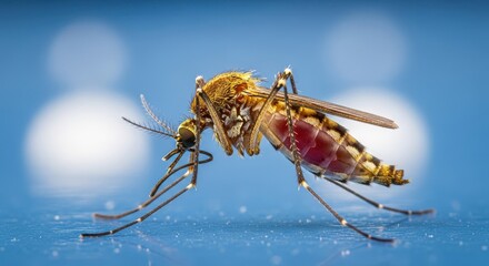 Macro close-up of a mosquito with blood-filled abdomen on blue background