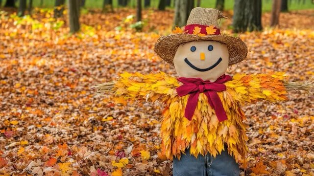 Autumn scarecrow in a bed of colorful leaves