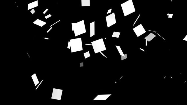 White paper sheets flying and explosion effect animation on black background. scattered white paper sheets documents notes concept. 