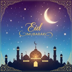 Ornate night scene features a glowing crescent moon above a silhouette of a mosque and starry sky