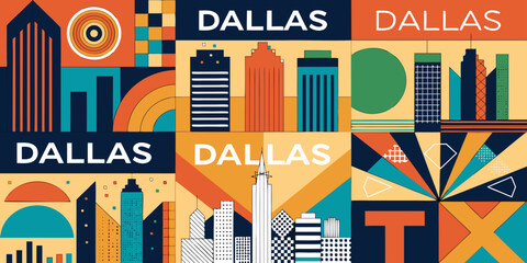 Obraz premium USA, US, U.S, United States - Dallas Texas City Art – Modern Skyline Illustration Set, Retro Geometric Dallas Posters, Vibrant Urban Texas Wall Art Collection 