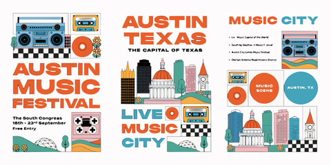 USA, US, U.S, United States - Austin Music Festival Posters &ndash; Live Music Capital of Texas Art, Retro Austin City Illustrations, South Congress & SXSW Inspired Designs