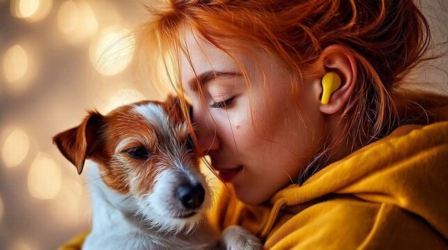 Woman with red hair holding a small dog