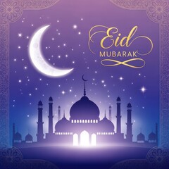 Celestial nighttime scene features glowing crescent moon above an illuminated mosque silhouette against a starry purple and blue gradient sky.