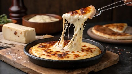 Melting provoleta cheese in cast iron pan being pulled with slice for appetizer serving