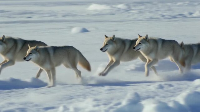 Wolf pack running across snow covered tundra in winter wildlife documentary film