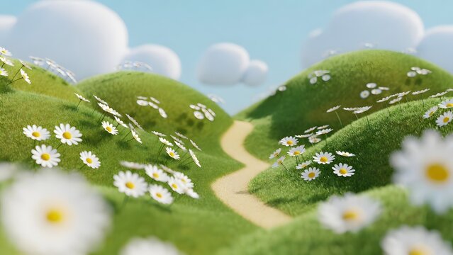 Winding path through green hills with white daisies. 3D cartoon landscape and spring nature concept. Sunny trail curving between grassy mounds under a blue sky with fluffy clouds
