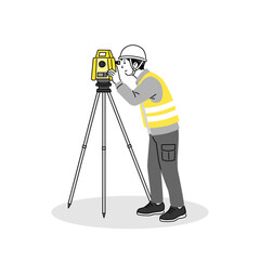 トータルステーションで測量を行う測量士の全身イラスト 作業着とヘルメット着用の土地調査シーン