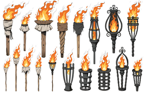 Medieval Iron Torch Vector Set with Ornate Gothic Wall Brackets and Flaming Fire for Castle Interior