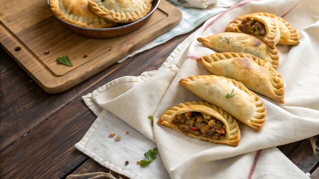 Homemade beef empanadas served on white cloth over wooden table for traditional meal dish