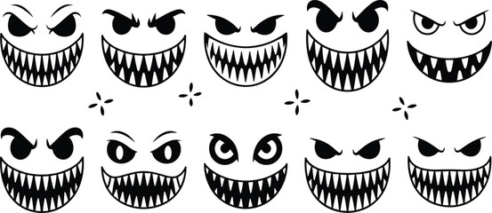 Cartoon monster faces collection, creepy angry expressions, Halloween horror teeth icons, spooky character design, scary decorative artwork illustration ©  Miller