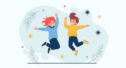 Obraz premium Happy young boy and girl jumping for joy amidst colorful leaves and sparkling stars in a bright and playful setting.