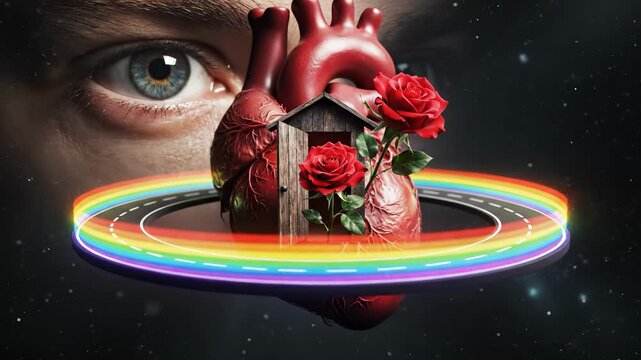 A large, anatomically correct heart stands amidst roses and a wooden house, capturing the essence of life. The heart, roses, and house blend into a cosmic backdrop.
